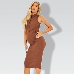 Maternity Brown Zipped Ruched Side Midi Dress